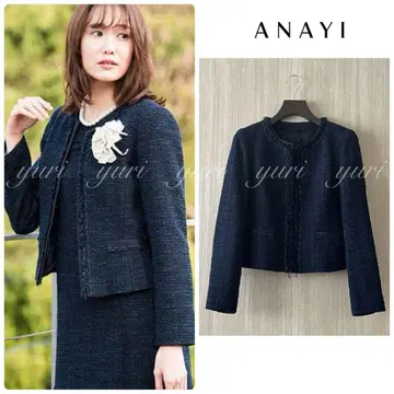 [ 596 ] 아나이 리본얀 트위드 노카라 자켓 38 다크 네이비