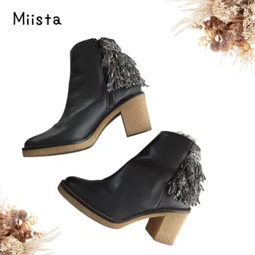 @ [ 36 ] Miista 미스타 털실 프린지 숏부츠 부티 블랙