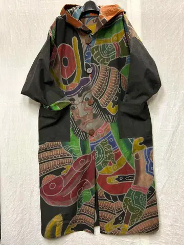 먹물 염색 깃발 무사+호랑이 후드 부착 롱 코트 남녀 공용 단