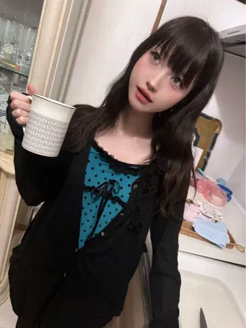 레이스 꽃 장식 블랙 메쉬 가디건