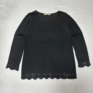 레이스 소매단 헴 티셔츠 L 사이즈 블랙