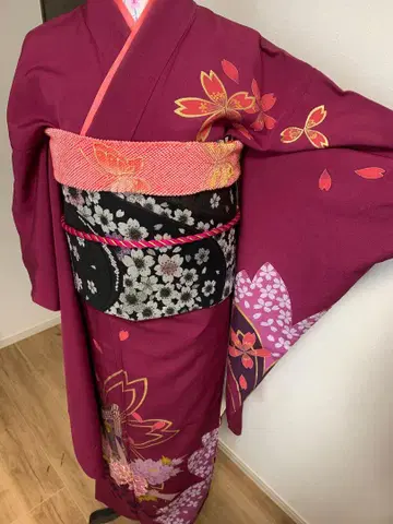 후리소데 풀세트 말 자수 어가 꽃 문양 금채 순수 실크