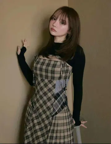 ANDMARY Nadia 체크 롱 드레스 베이지
