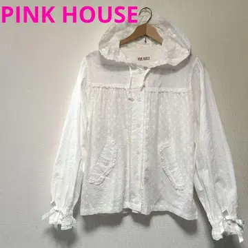 PINK HOUSE 피코 프릴 후드 부착 꽃 격자 자수 레이스 블루종