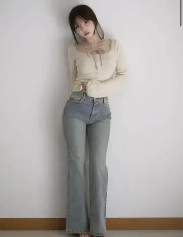 andmary 하트 스티치 데님 블루 베이지 S