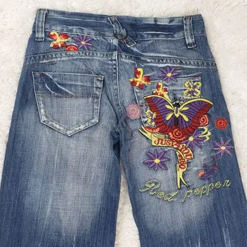 레드페퍼 버터플라이 꽃무늬 자수 플레어 데님 팬츠 28 Y2K