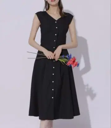 swingle 프렌치 슬리브 롱 원피스 리본 플레어 블랙