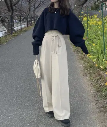 hinari 하이웨스트 리본 팬츠 베이지 S size
