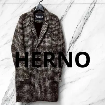 HERNO (헬레노) 체크 트위드 롱 코트 카키, 그레이