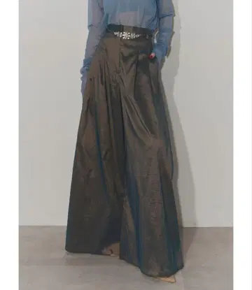 청록색 광택 하이웨스트 와이드 팬츠