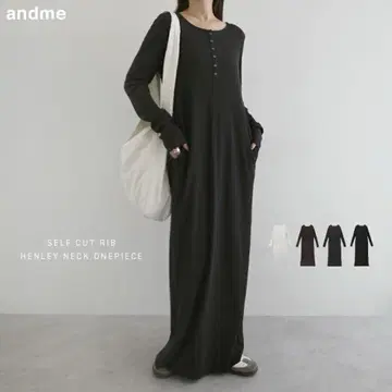 [미사용 새상품] andme 셀프컷 리브 헨리넥 롱 원피스