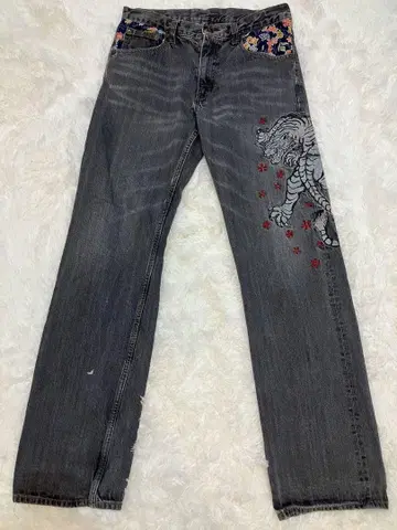 [ 새상품급 ] 오스카 재팬 호랑이 일본풍 패턴 자수 크레이프 원단 데님