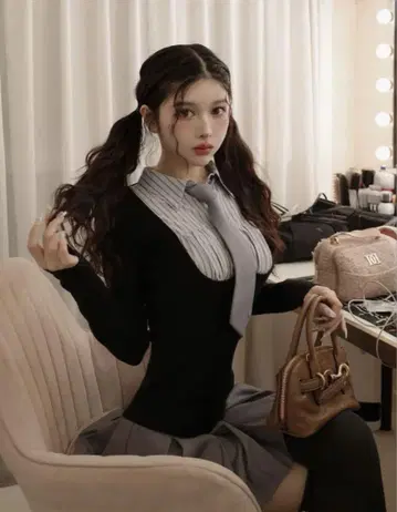 darich 셔츠 도킹 니트 미니 원피스 블랙