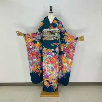 후리소데 풀세트 7세트 블루그린 순수 실크 새상품급 성인식