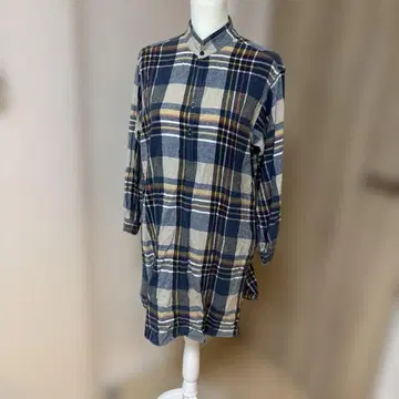 네이비 베이지 체크 무늬 셔츠 원피스