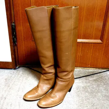 브라운 가죽 롱 부츠 힐 5cm