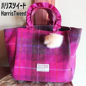 시마무라 해리스 트위드 체크 백 적자색 토트백