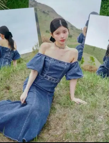 다리치 데님 오프숄더 롱 원피스 블루 FS