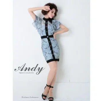 Andy 플라워 프린트 레이스 드레스 스카이블루 블랙 리본 프릴