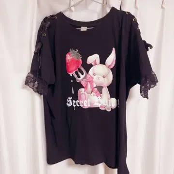 시크릿 허니 어깨 레이스업 토끼 프린트 T셔츠