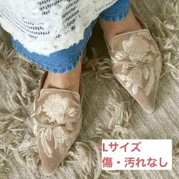 자수 뮬 플랫 스틸레토 벨로아 원단 베이지