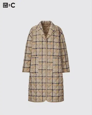 유니클로 C 퍼프 테크 오버 사이즈 코트 체크 무늬 S