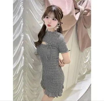 다리치 리본 셔링 깅엄 미니 원피스 블랙