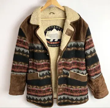 80s 쉘파 자켓 리얼 가죽 스웨이드 절개 보아 네이티브 무늬