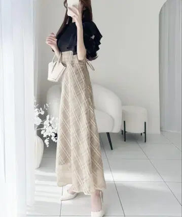 더블 프릴 소매 체크 레이스 도킹 원피스