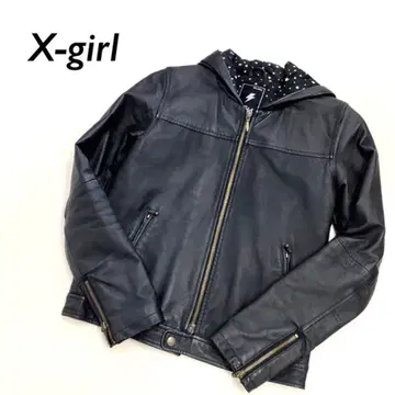 X-girl 천연 가죽 올 가죽 후드 지퍼 라이더 자켓 별 패턴