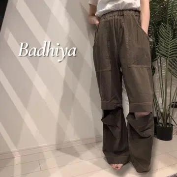 Badhiya KNEE CRACK PANTS 전체 밴딩 카키 와이드 팬츠