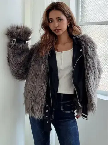 GYDA 레이어드 에코 퍼 벨트 라이더 자켓 그레이