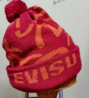 EVISU 폼폼 포함 니트 모자 빨간색 다크 레드 주홍색 에비수 모자