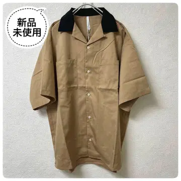 미사용 새상품 HALHAM 오픈 카라 셔츠 L 베이지 x 블랙 바이컬러
