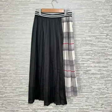 바비 플리츠 롱 스커트 블랙 x 체크 허리밴딩