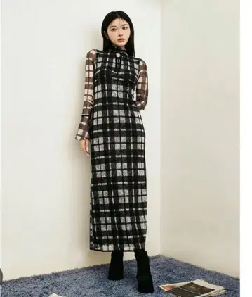 Darich 파이핑 체크 레이스 롱 원피스 BLACK