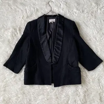 DESIGNWORKS 블랙 새틴 옷깃 테일러드 자켓 7부 소매 린넨 실크