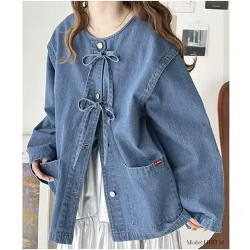 클래식 엘프 데님 리본 노카라 자켓 M 블루