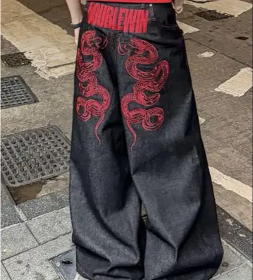 CRIMSON BAGGY DENIM PANTS 드래곤 자수 와이드 데님