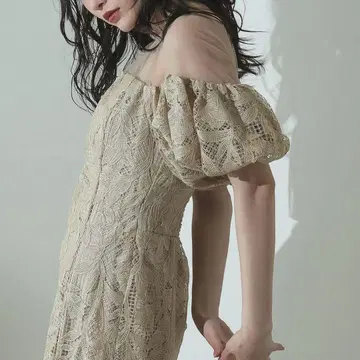 파티 드레스 베이지 퍼프 슬리브 전체 레이스 2차 모임 경사용 드레스