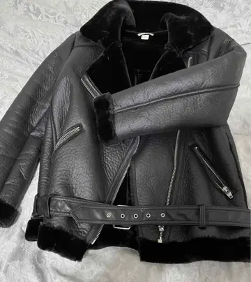 블랙 가죽 무스탕 코트 H&M 빅 사이즈 40