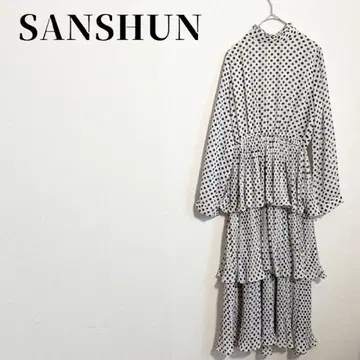 SANSHUN 도트 무늬 티어드 프릴 롱 원피스 하이넥 긴팔