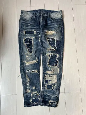 데미지 가공 다크 블루 데님 팬츠