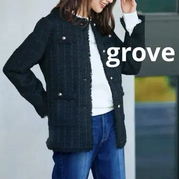 grove 트위드 자켓 골드 버튼 노카라 네이비 프린지