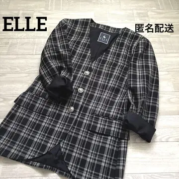 ELLE 울 노카라 체크 무늬 자켓
