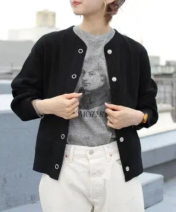 [새상품급] 신 존 케이프린 가디건 코튼 리브 긴팔 블랙