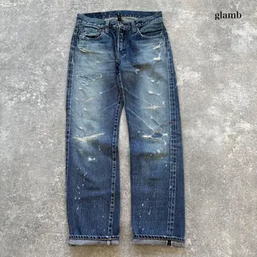 [glamb] 그램 데미지 리페어 크러쉬 데님 팬츠 빨간색 셀비지