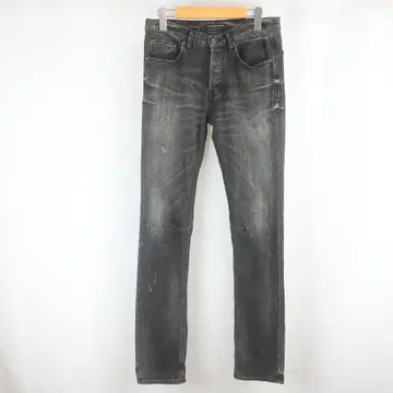 LOUNGE LIZARD 데미지 가공 페인트 블랙 데님 팬츠
