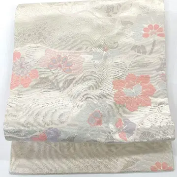 [5518] 나고야 오비 꽃+덩굴 패턴 은채색 9촌 순수 실크 기모노