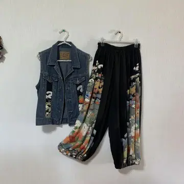 기모노 리메이크 셋업 앤티크 패턴 구제 의류 베스트 & 벌룬 팬츠